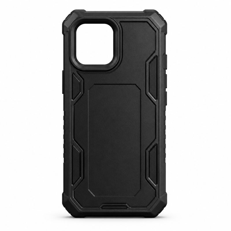 A rugged heavy-duty black protective phone case, similar to an OtterBox Defender