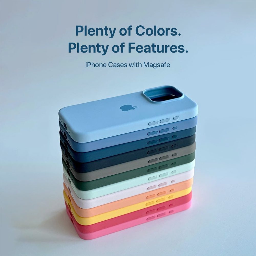 A stack of minimalist MagSafe compatible iPhone cases in many colors, each keeping the Apple logo visible