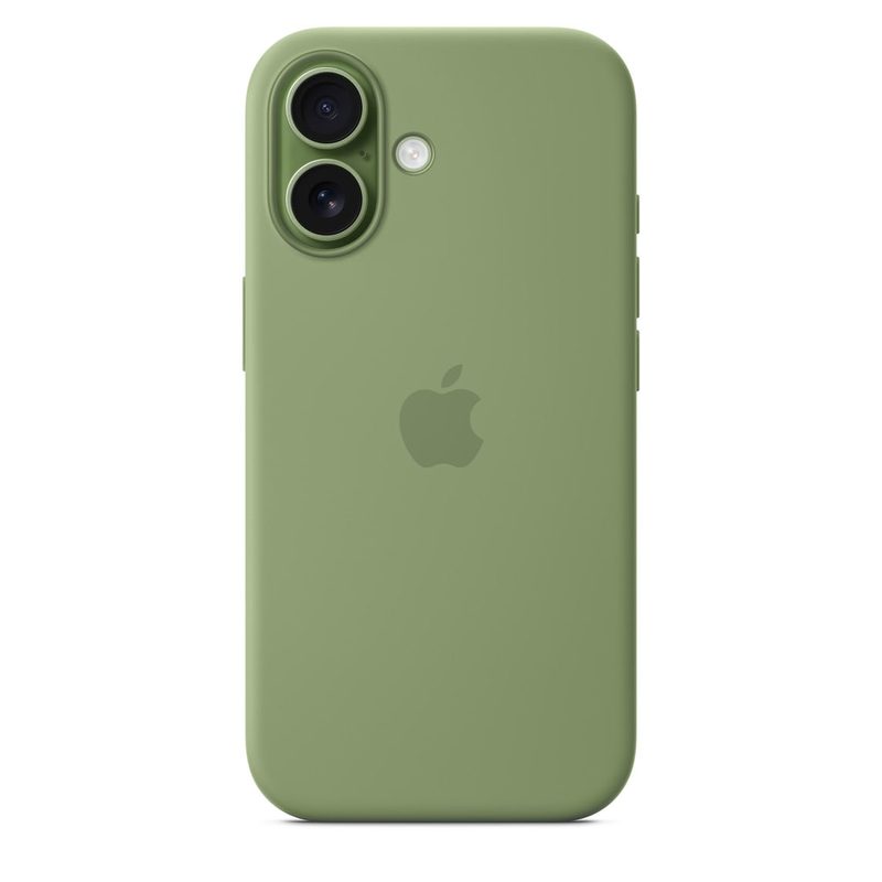MaxPureCases silicone MagSafe iPhone case in sage green with the Apple logo visible
