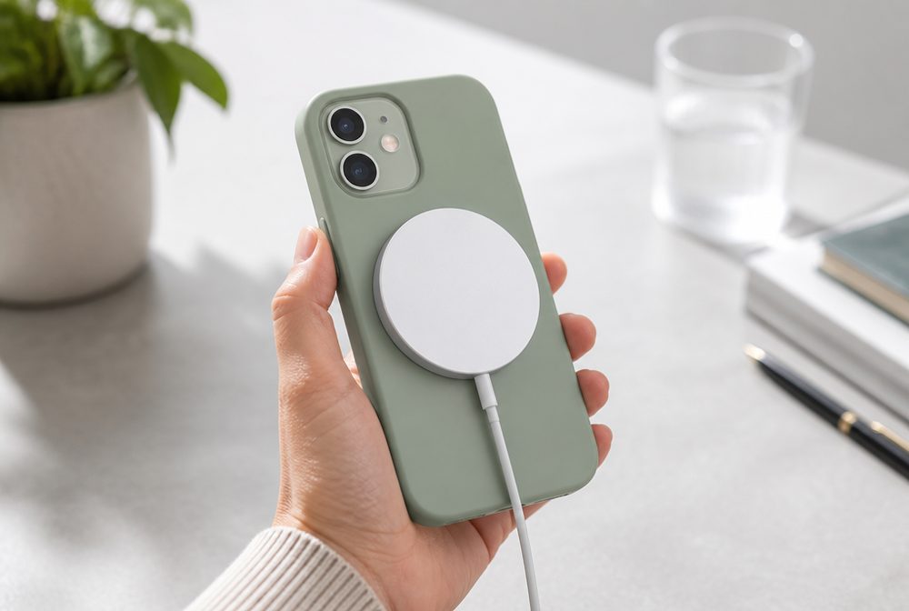 A MagSafe charger snapping onto the back of a MaxPureCases iPhone case